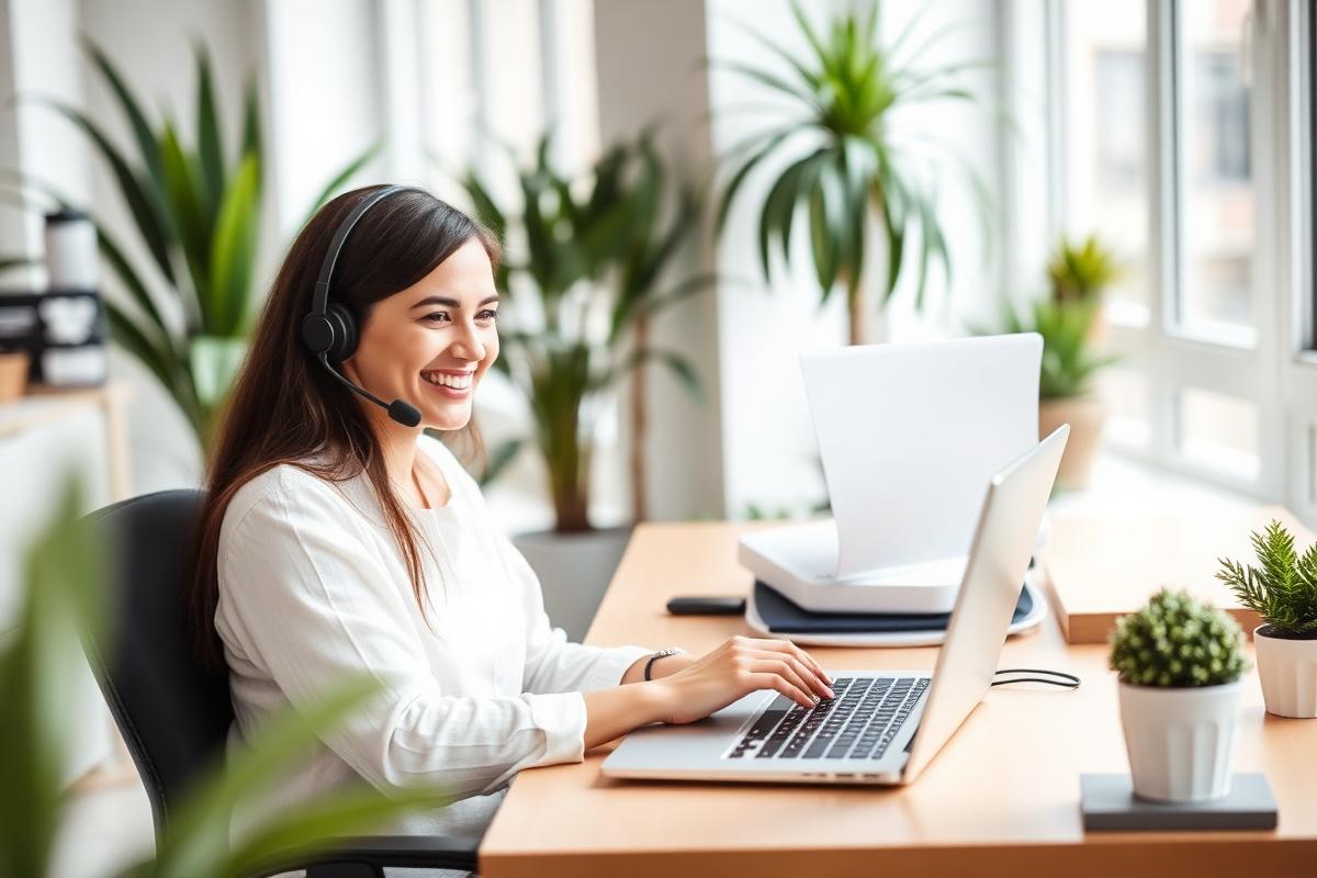 A support team member replying to emails at a bright desk